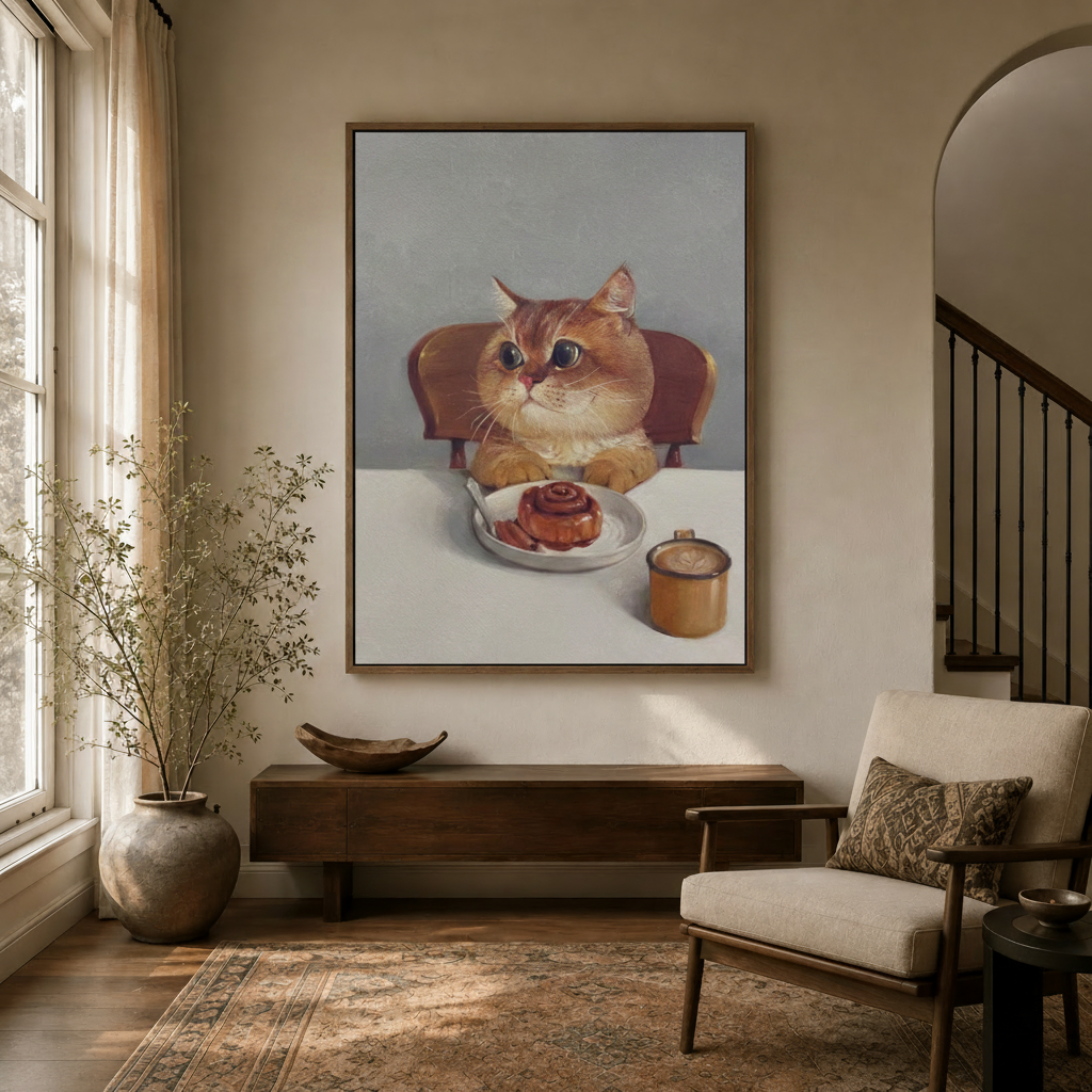  Whimsical cat still-life portrait in floating frame hung in a bright entryway with natural light