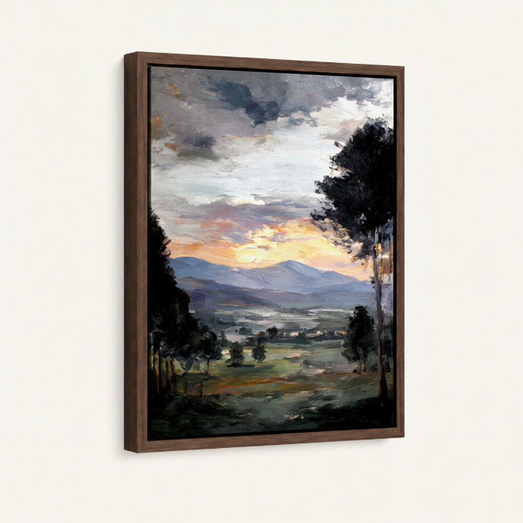 Sunset countryside framed canvas wall art – vintage impressionist oil painting with golden dusk light and rolling green fields by Aurewall