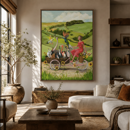 Woman cycling with birds canvas wall art in living room – colorful whimsical illustration displayed above sofa by Aurewall