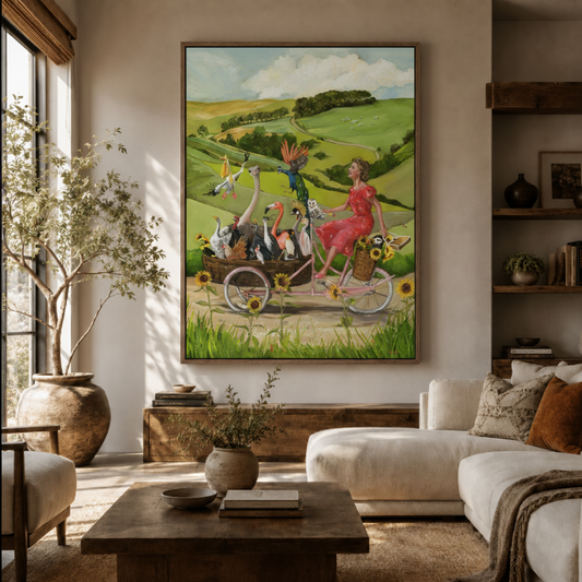 Woman cycling with birds canvas wall art in living room – colorful whimsical illustration displayed above sofa by Aurewall