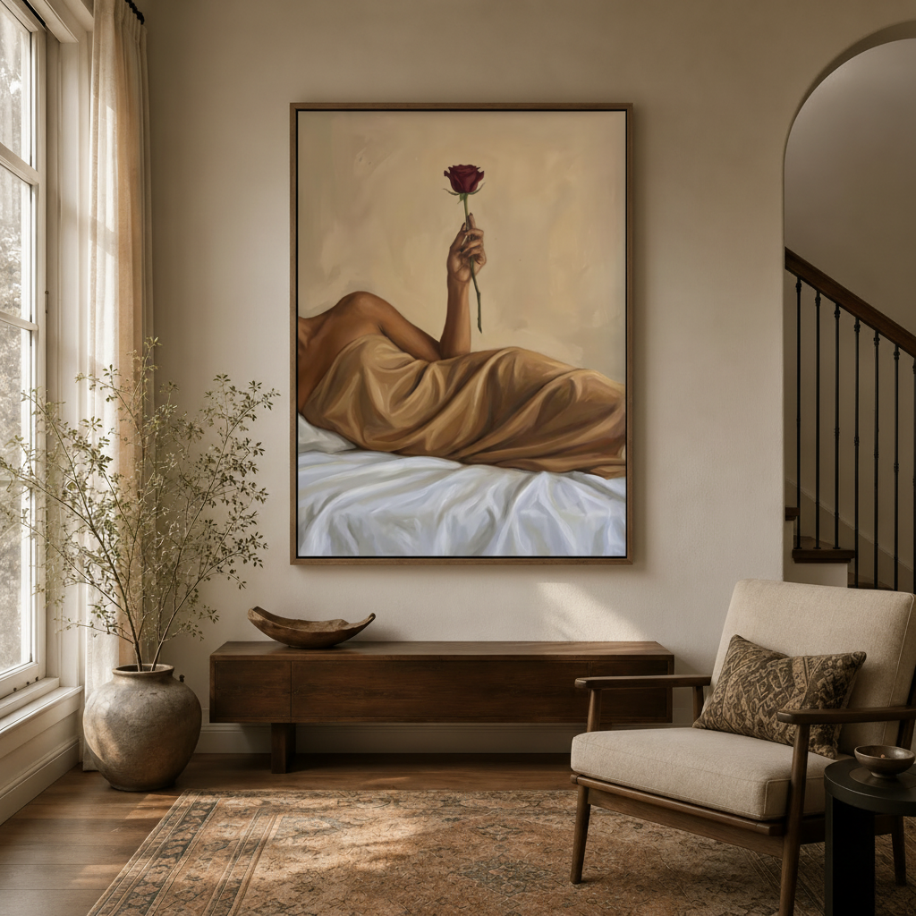 Elegant woman holding rose oil painting in floating frame hung in a bright entryway with natural light