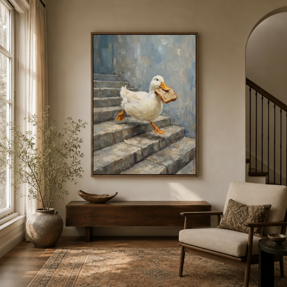 Whimsical white duck wall art hanging in a cozy entryway with arched doorway and dried branch vase