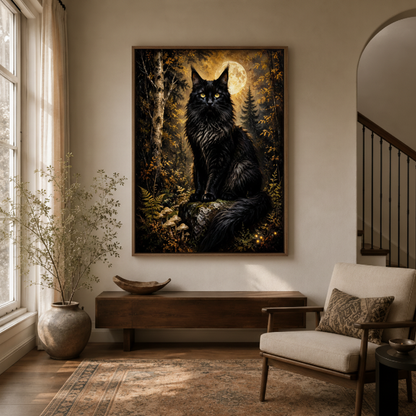 Gothic black cat forest canvas wall art in entryway – dark baroque oil painting with moonlit woodland as dramatic hallway statement piece by Aurewall