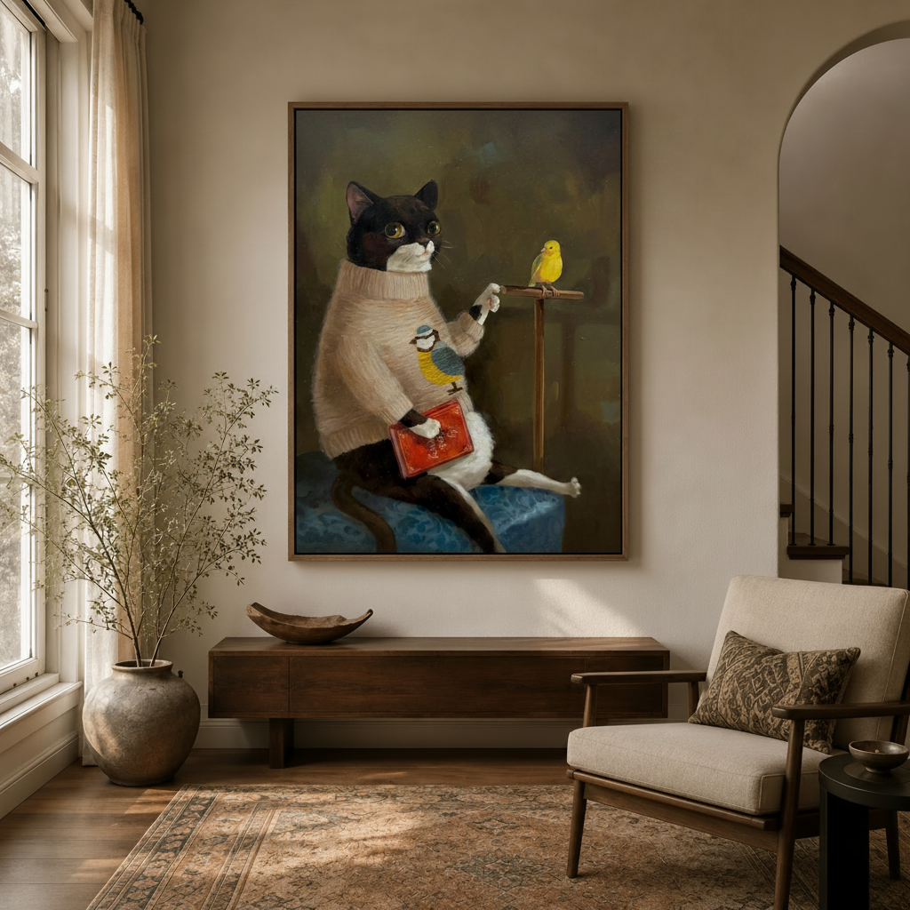  Cat with yellow bird framed canvas print – vintage oil painting style wall art for entryway