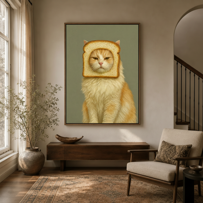 Funny orange cat with bread slice portrait hanging in neutral entryway with arched doorway