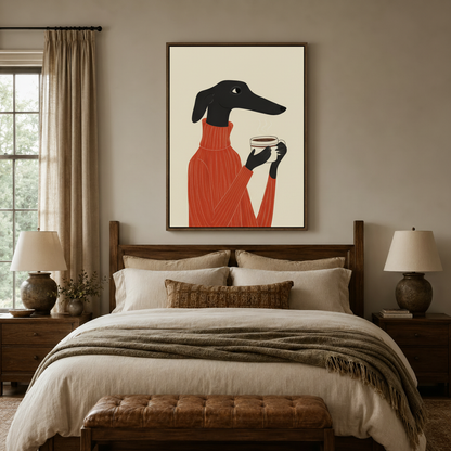 Minimalist greyhound coffee wall art in dark walnut float frame above a rustic wooden bed in warm bedroom
