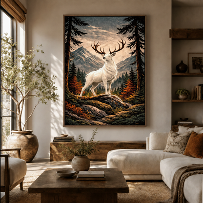 White stag forest canvas wall art in living room – fantasy wildlife painting with mystical white deer and pine trees displayed above sofa by Aurewall