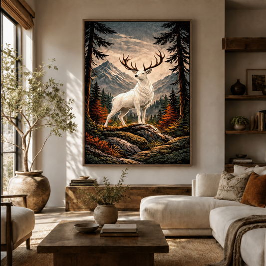 White stag forest canvas wall art in living room – fantasy wildlife painting with mystical white deer and pine trees displayed above sofa by Aurewall