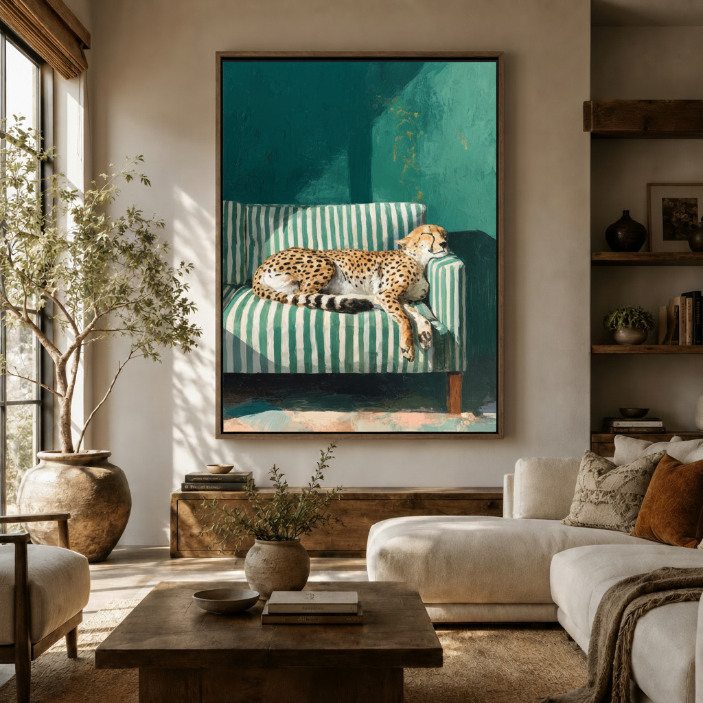 Teal background cheetah canvas print hanging in living room, expressive oil painting style