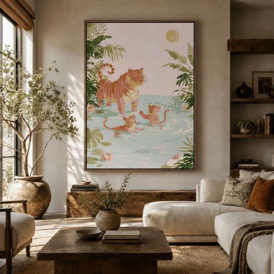Watercolor tiger family canvas print hanging in living room with natural light and warm decor