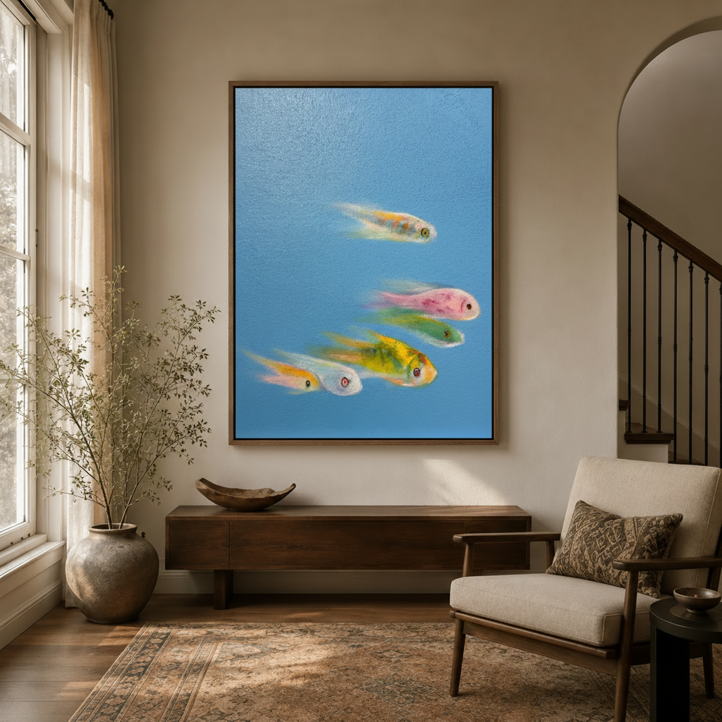 Whimsical four fish impressionist canvas hanging in cozy entryway with arched doorway