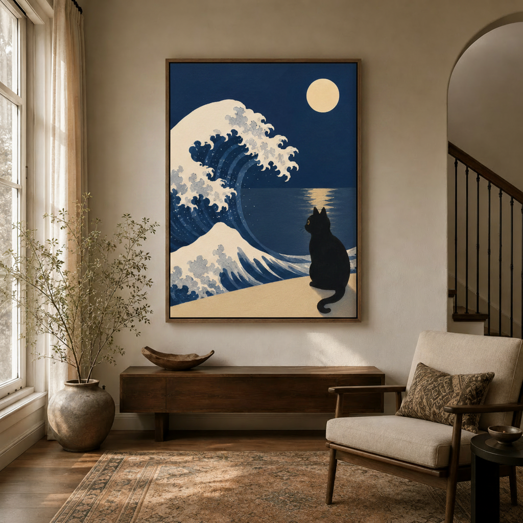 Japanese ukiyo-e black cat wave illustration framed in entryway with arched doorway