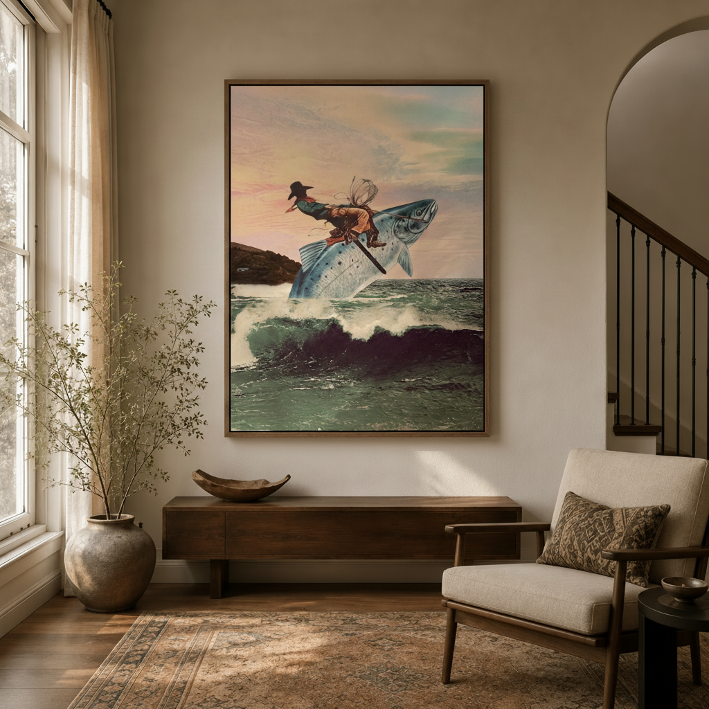 Vintage surrealist fish rider painting in a framed canvas hung in a cozy entryway with arched doorway