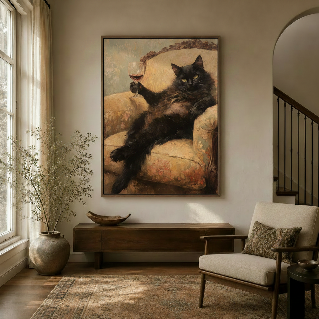 Classical oil painting of black cat holding wine glass in float frame hung in bright entryway with arched doorway