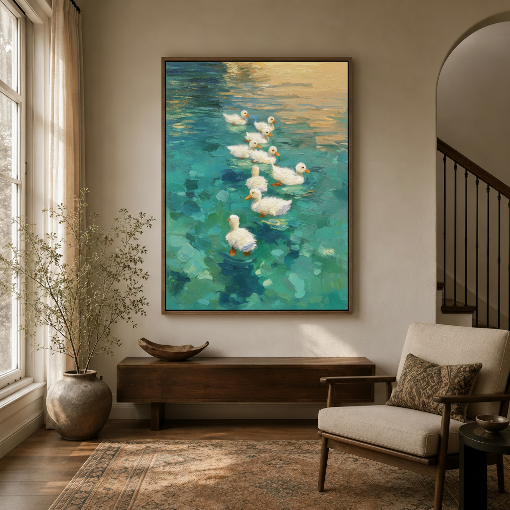 Serene duck nature wall art in dark walnut frame hanging in cozy entryway with arched doorway and natural light