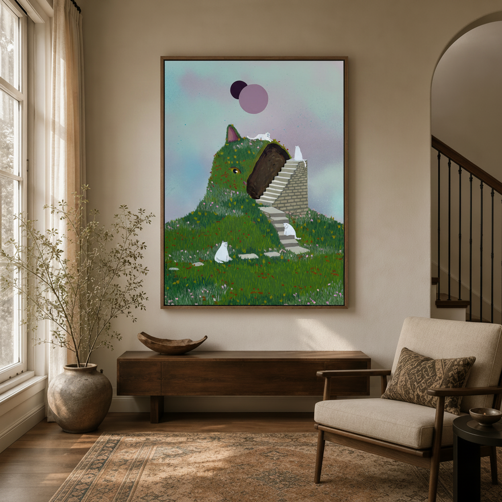 Framed whimsical cat wall art hanging in a modern entryway with wooden console and arched doorway