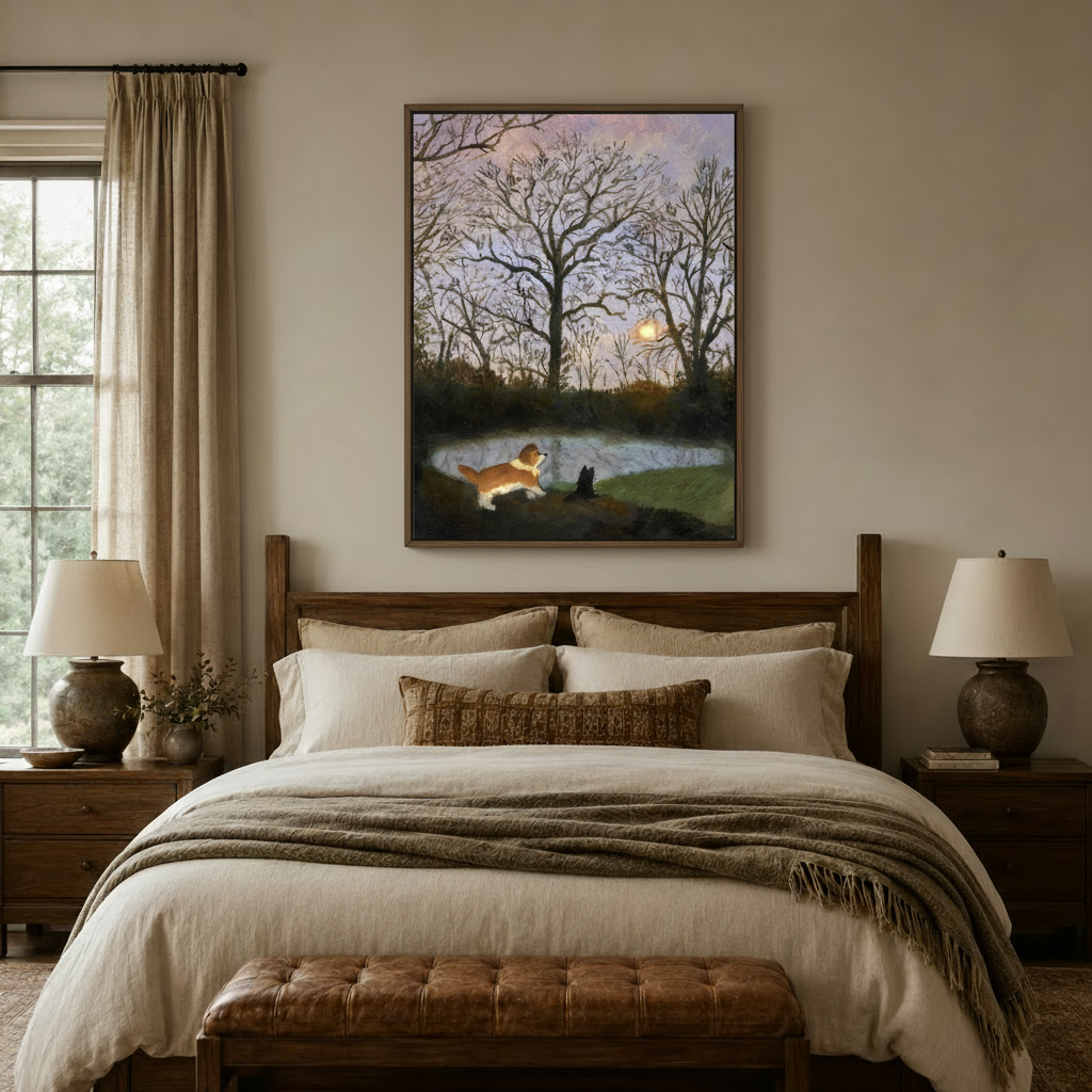 Corgi and dog at dusk oil painting canvas wall art hung above a neutral-toned bedroom headboard