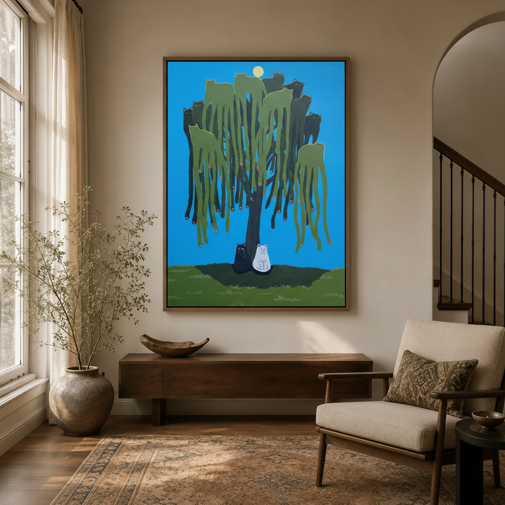 Folk art canvas of cats in willow tree hanging in bright entryway with arched doorway