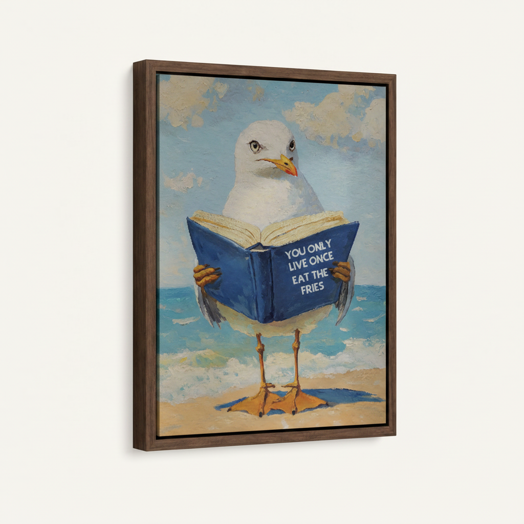 Framed seagull canvas wall art with "Eat the Fries" quote, dark walnut float frame on white background