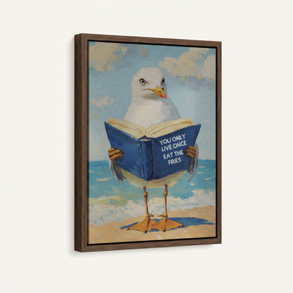 Framed seagull canvas wall art with "Eat the Fries" quote, dark walnut float frame on white background