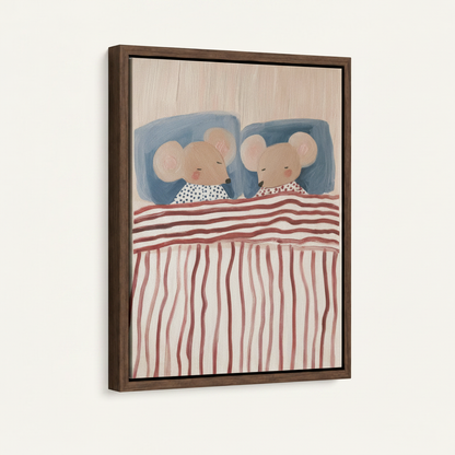 Framed float canvas of cute sleeping mice on blue pillows, dark walnut frame, clean product mockup