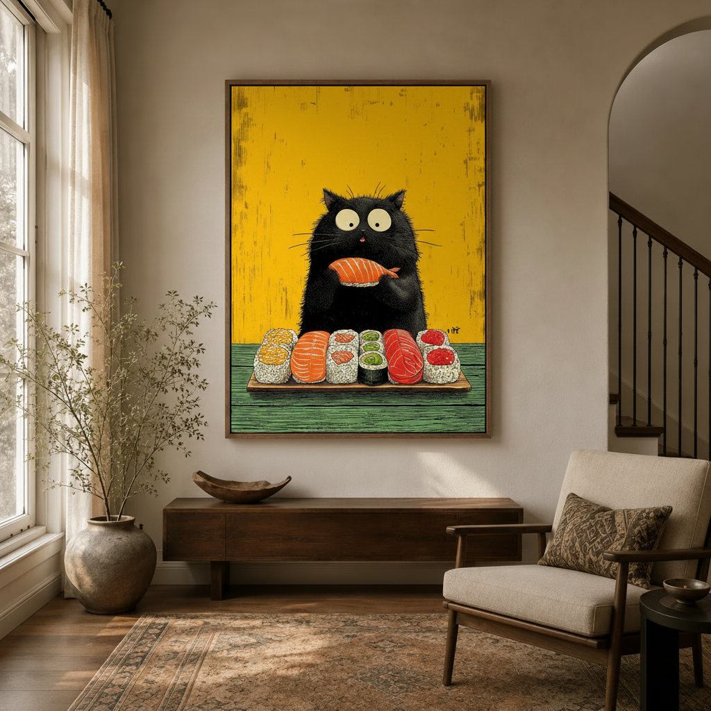 Funny cat holding salmon nigiri canvas art hung in modern entryway with arched doorway