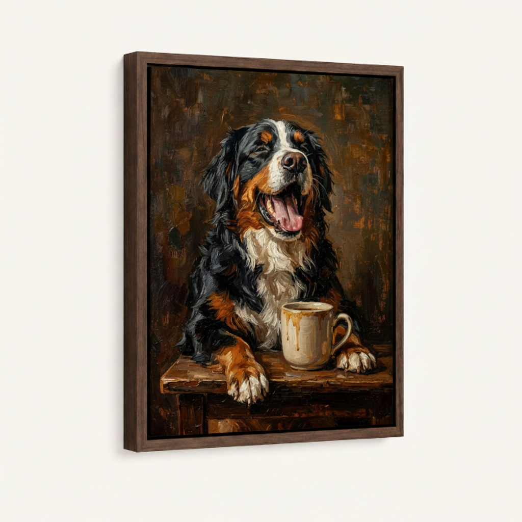 Bernese Mountain Dog framed canvas wall art – funny oil painting of happy dog with coffee mug on warm amber background by Aurewall
