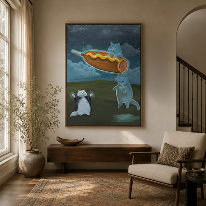 Whimsical ghost cat wall art displayed in modern entryway above dark wood console table