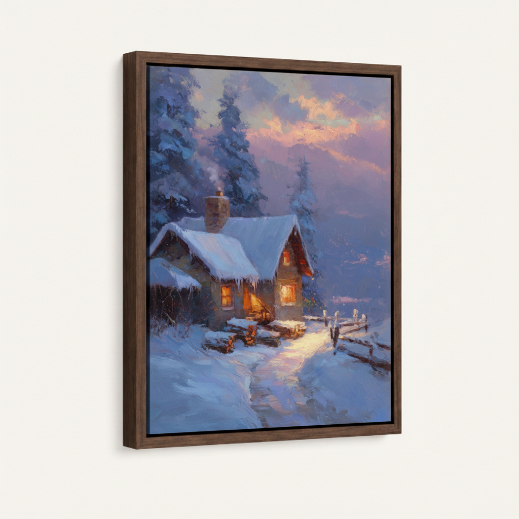 Winter cabin framed canvas wall art – impressionist oil painting with glowing snow-covered cottage and pine trees at dusk by Aurewall