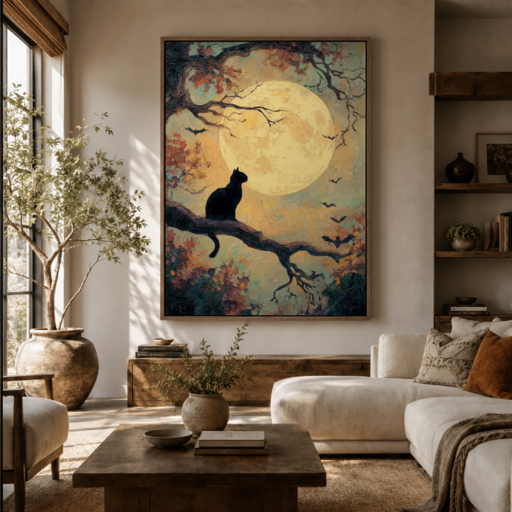 Black cat moon night canvas wall art in living room – Japanese-style illustration with black cat under golden moon displayed above sofa by Aurewall