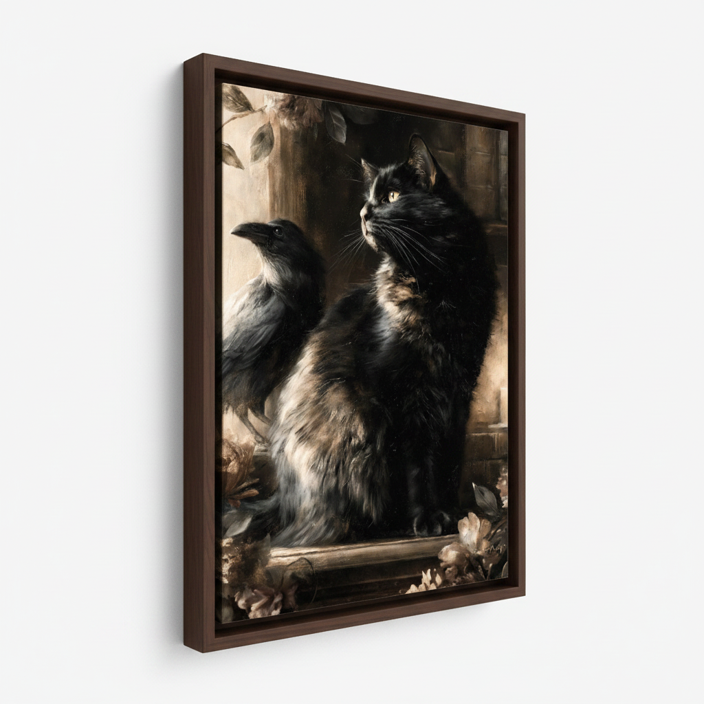 Black cat and raven framed canvas wall art – gothic dark oil painting with fluffy black cat and crow in baroque setting by Aurewall
