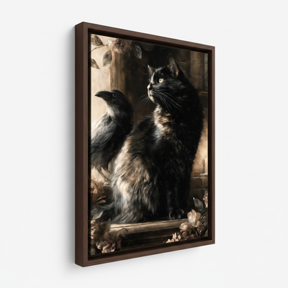Black cat and raven framed canvas wall art – gothic dark oil painting with fluffy black cat and crow in baroque setting by Aurewall