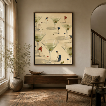 Whimsical golf wall art in a float frame hanging in a bright modern entryway