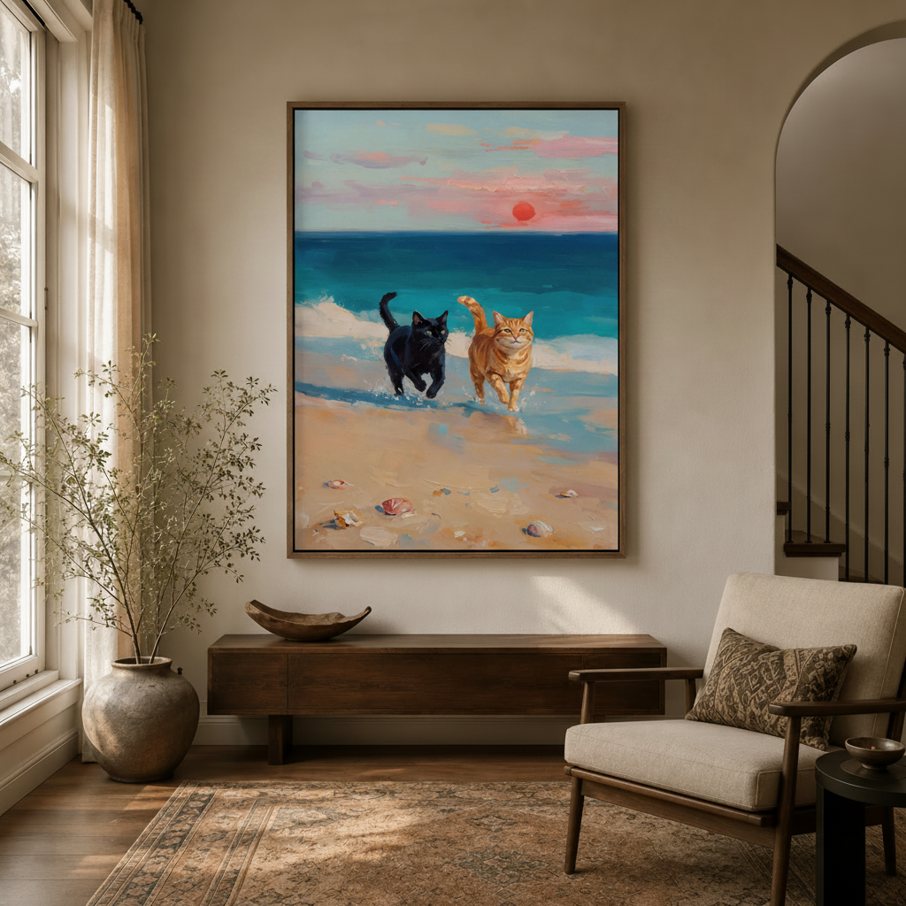 Two cats running on beach oil painting hanging in neutral entryway with arched doorway
