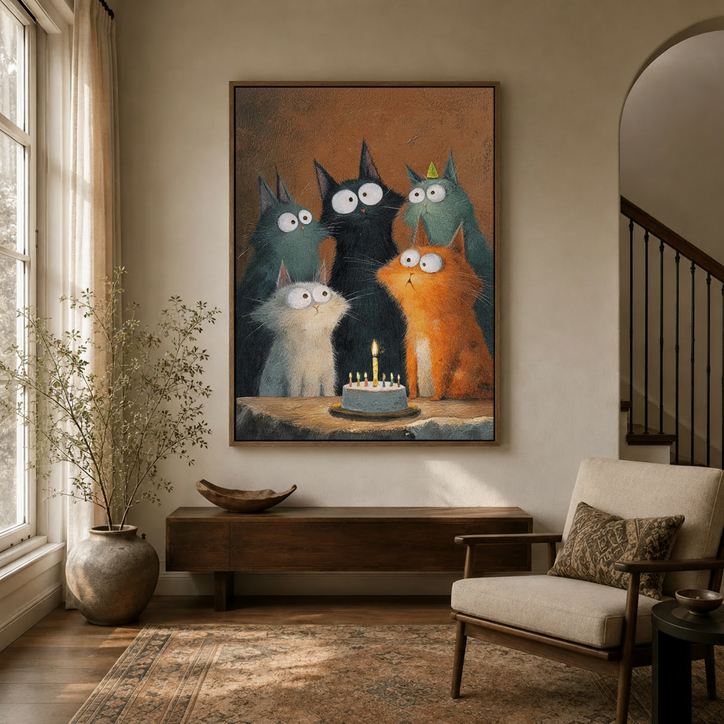 Whimsical five cats birthday cake wall art hanging in a bright transitional entryway with arched doorway