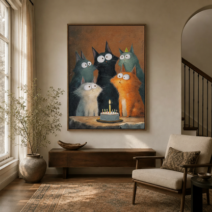 Whimsical five cats birthday cake wall art hanging in a bright transitional entryway with arched doorway