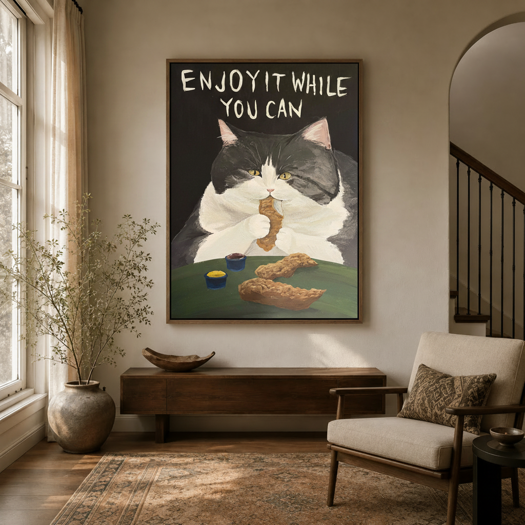 Humorous cat canvas wall art hanging in a bright entryway with staircase and arched doorway