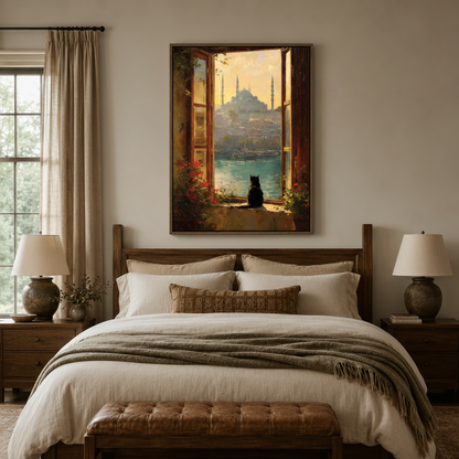 Black cat Bosphorus canvas print styled in a warm entryway with arched doorway and natural light