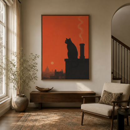 Moody black cat silhouette wall art hung above dark console table in modern entryway foyer