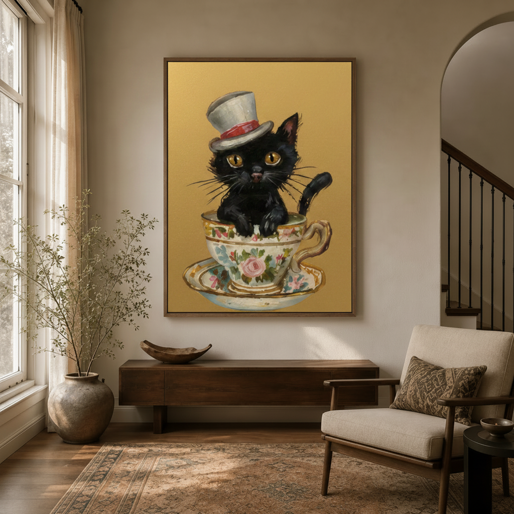 Vintage black cat wall art with top hat displayed in a cozy entryway with arched doorway