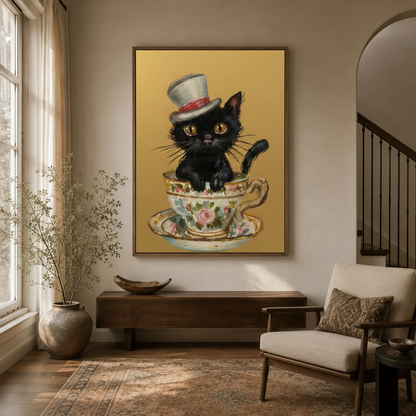 Vintage black cat wall art with top hat displayed in a cozy entryway with arched doorway