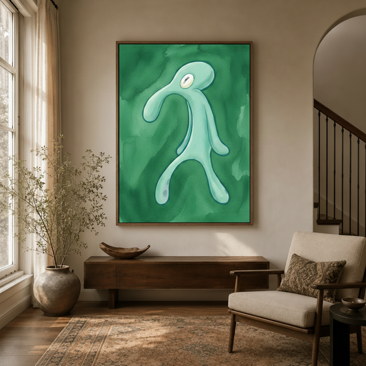 Mint-blue aquatic figure watercolor painting hanging in neutral entryway with arched doorway