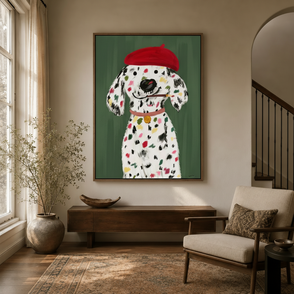 Funny dog wall art in dark walnut float frame hanging in cozy entryway with arched doorway