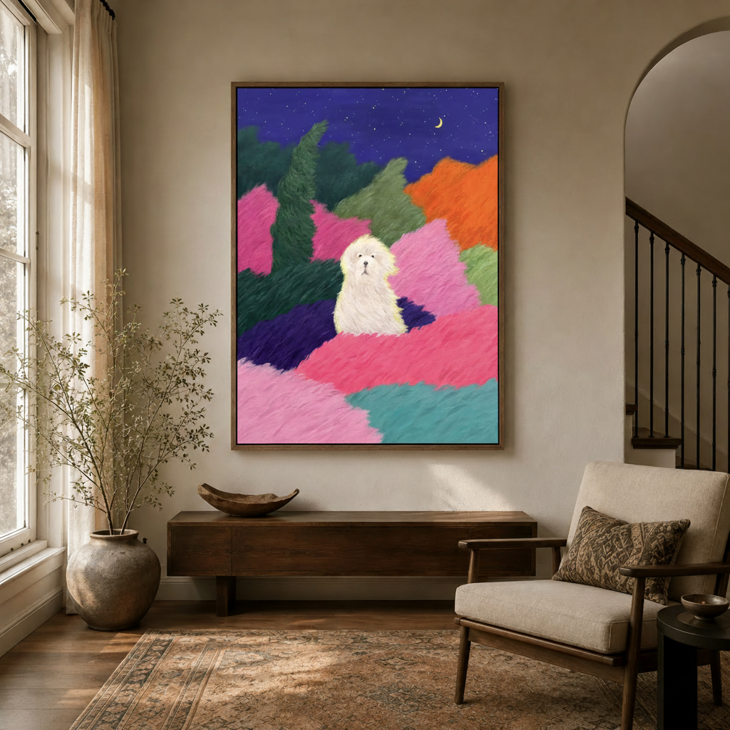 Whimsical dog night sky painting in floating frame hung in a bright entryway with natural light