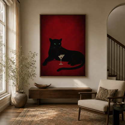 Bold black panther canvas print hung in entryway hallway beside staircase in neutral warm-toned interior