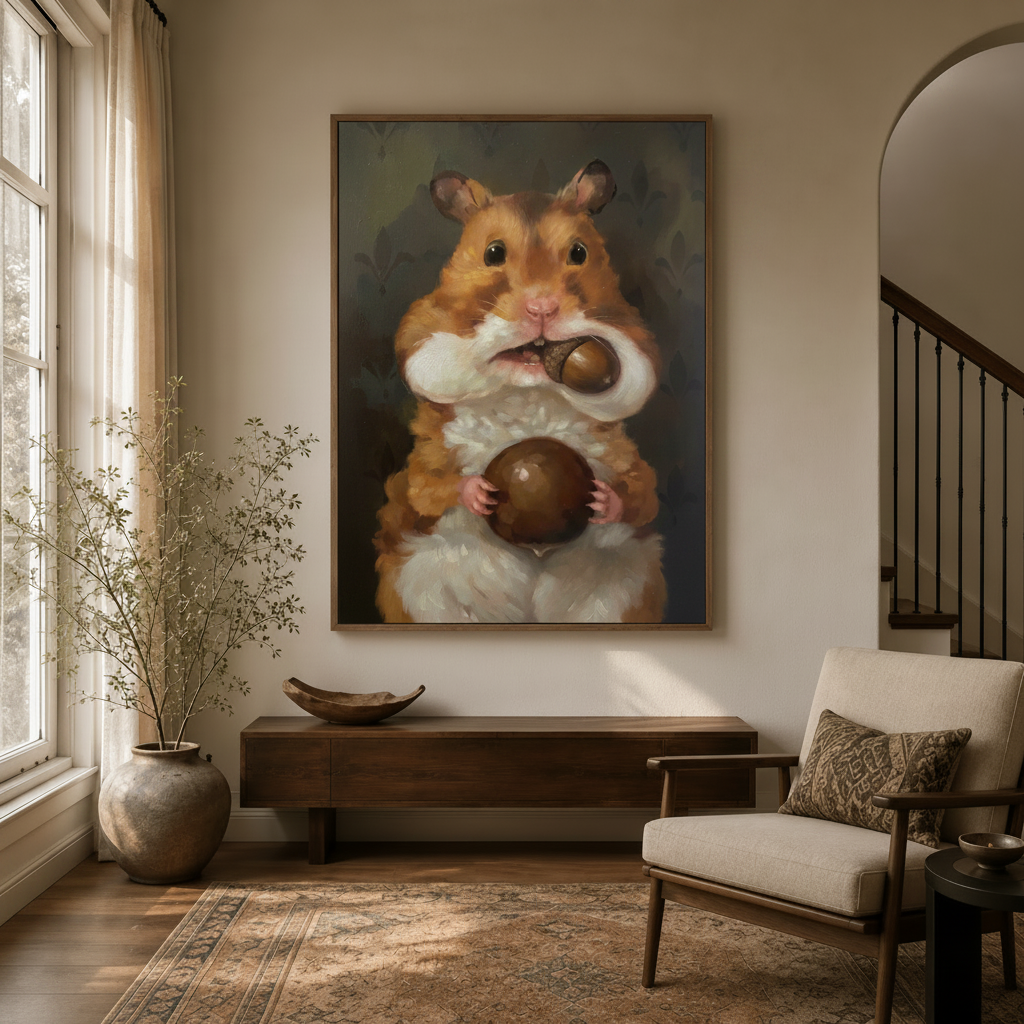  Funny golden hamster acorn painting in float frame displayed in bright entryway with arched doorway