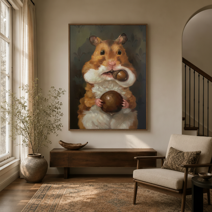  Funny golden hamster acorn painting in float frame displayed in bright entryway with arched doorway