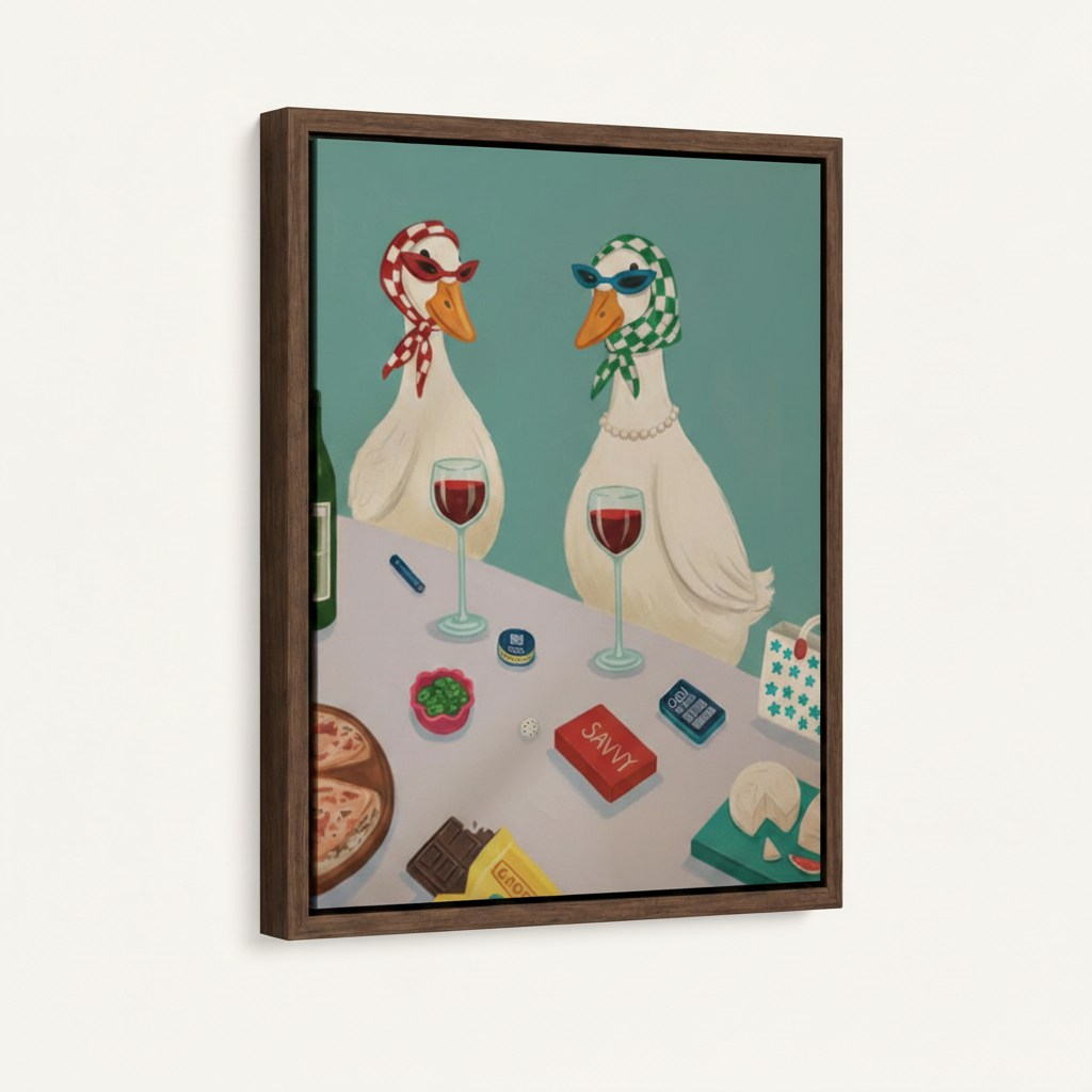 Framed funny duck wine party canvas wall art in dark walnut float frame, 3/4 angle view