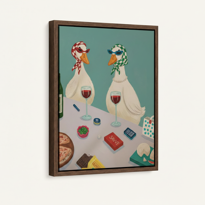 Framed funny duck wine party canvas wall art in dark walnut float frame, 3/4 angle view