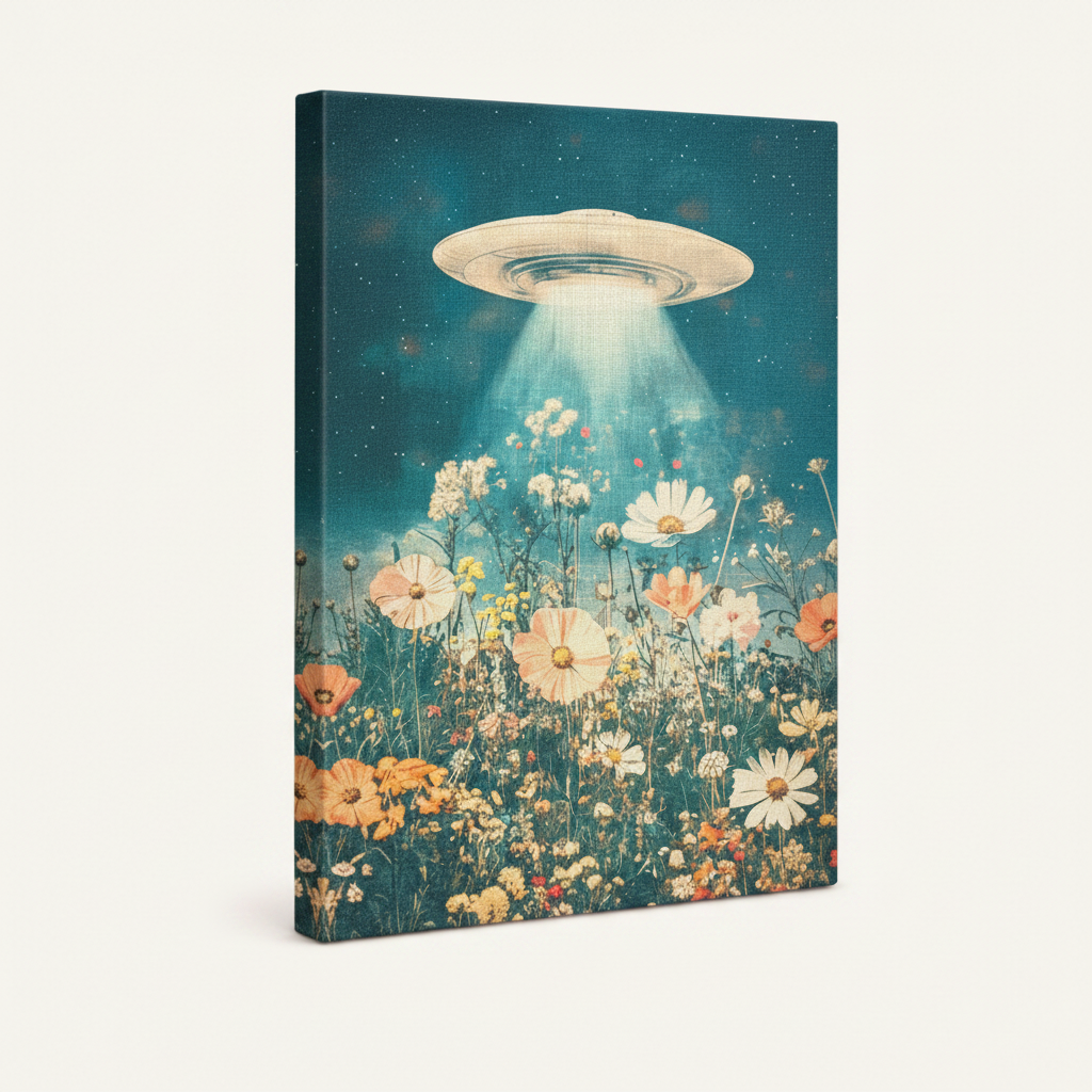 Surreal UFO wildflower canvas print – dreamy sci-fi floral painting with teal starry sky, stretched wall art by Aurewall